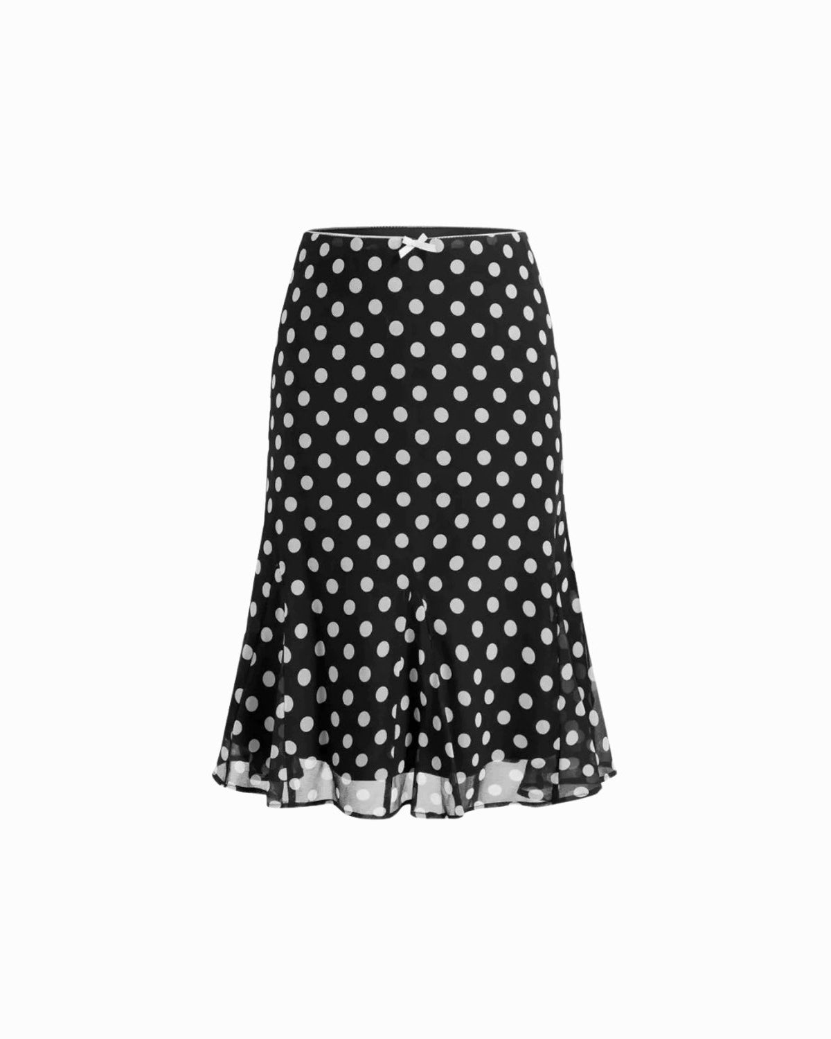 A black midi skirt with a white polka dot pattern and a ruffled hem, shown against a plain white background.