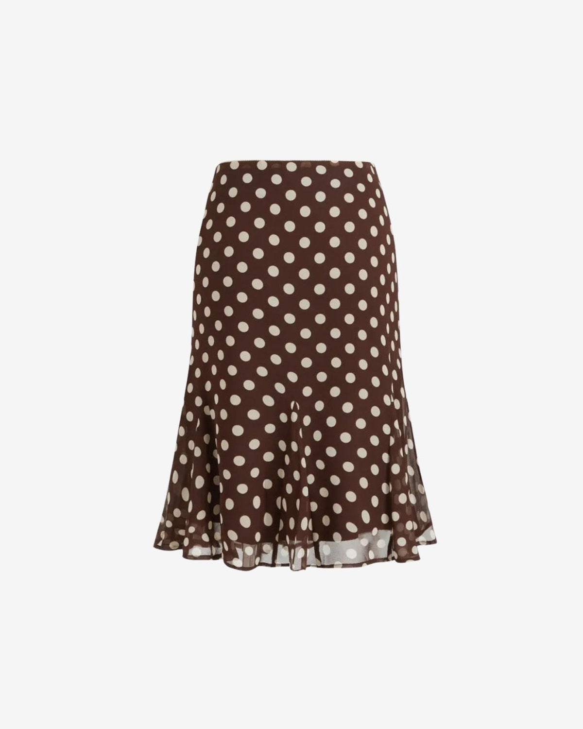 A brown skirt with a white polka dot pattern, shown against a plain light gray background.