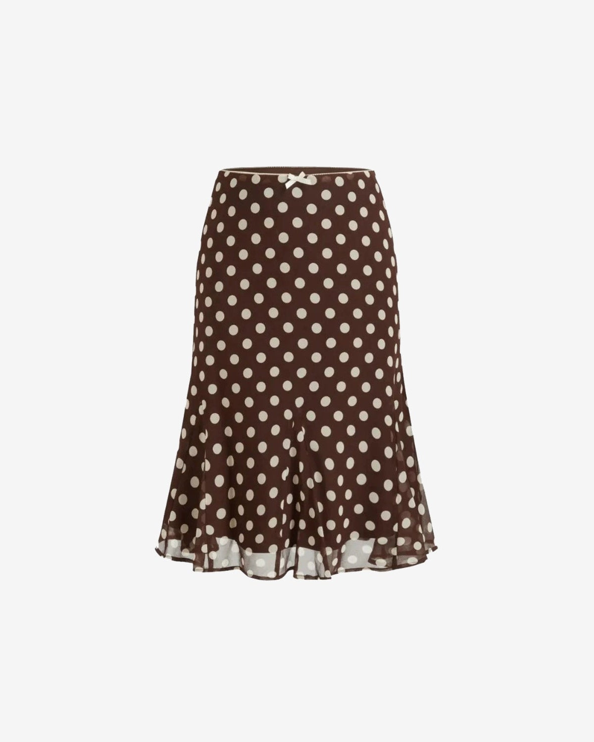 A brown midi skirt with a white polka dot pattern and a ruffled hem, shown against a plain light gray background.