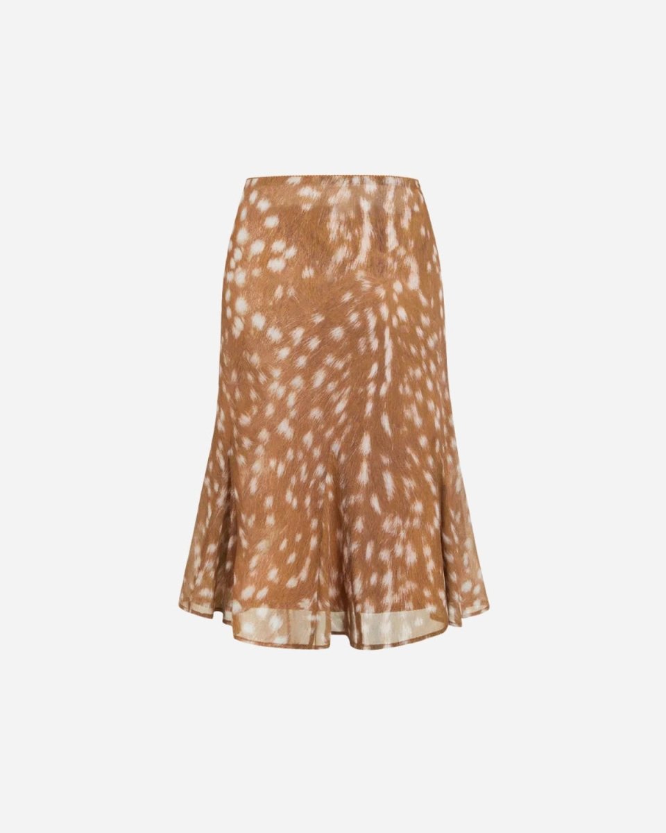 A brown and beige spotted midi skirt with a flared silhouette, shown against a plain light gray background.