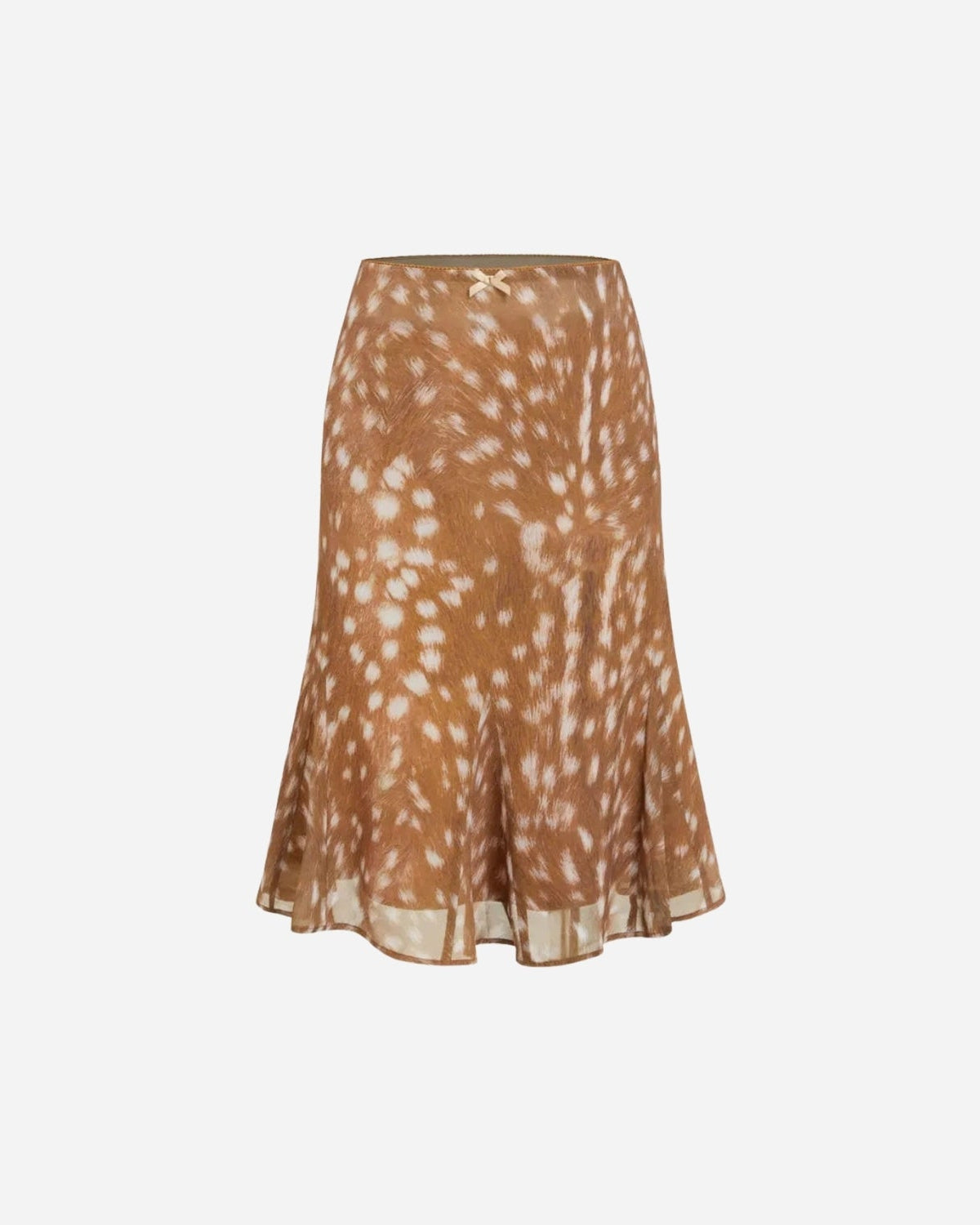 A brown and beige spotted midi skirt with a flared silhouette, displayed against a light gray background.