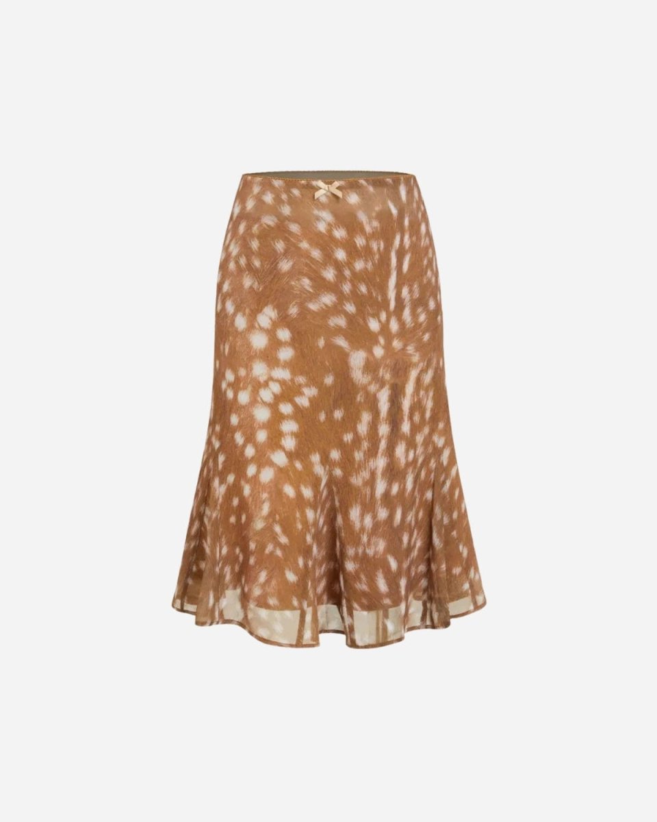A brown and beige spotted midi skirt with a flared silhouette, displayed against a light gray background.