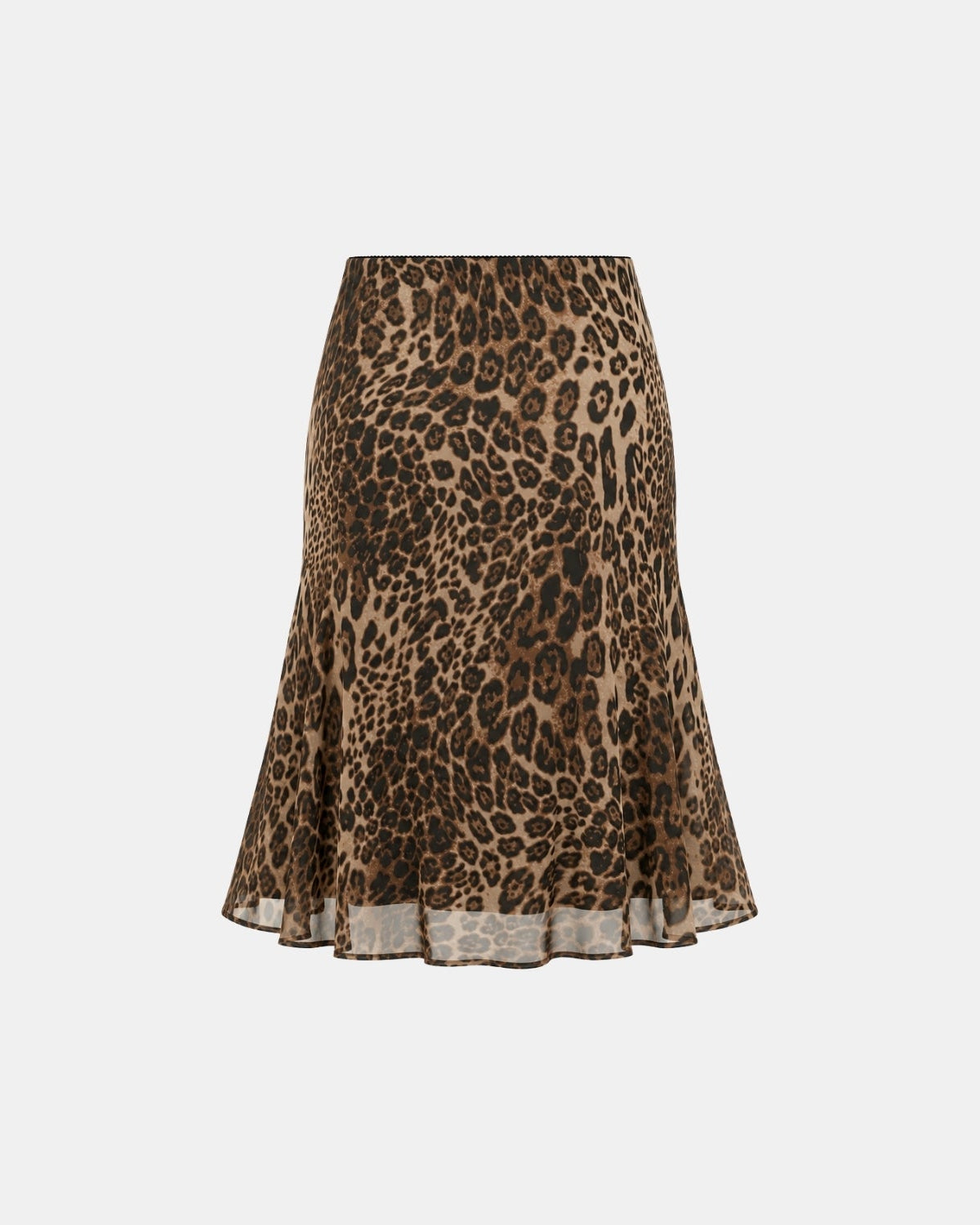A leopard print skirt in brown and beige tones, featuring a flared silhouette and a sheer ruffled hem, shown against a plain light gray background.