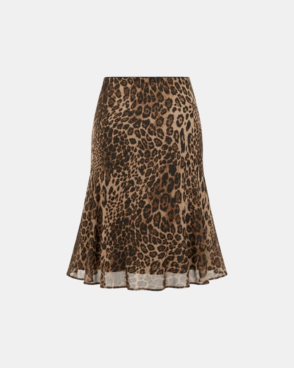 A leopard print skirt in brown and beige tones, featuring a flared silhouette and a sheer ruffled hem, shown against a plain light gray background.