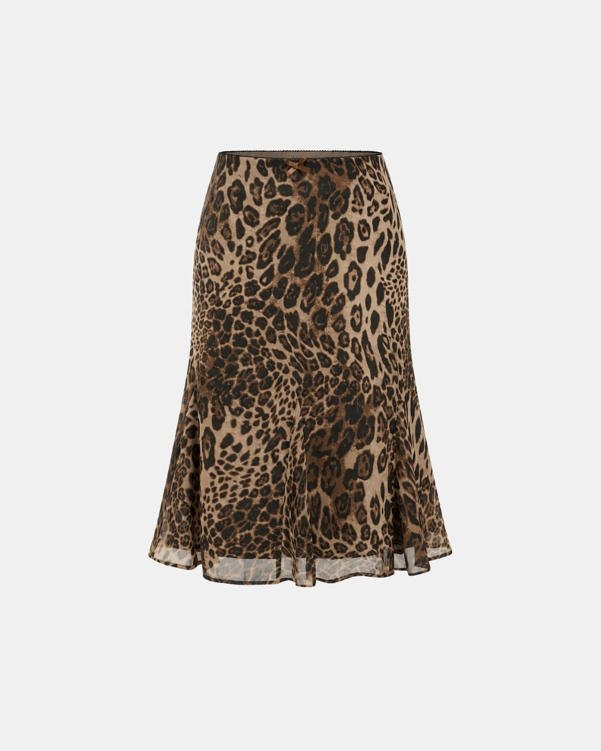 A leopard print skirt in brown and beige tones, featuring a flared silhouette and a sheer ruffled hem, shown against a plain light gray background.
