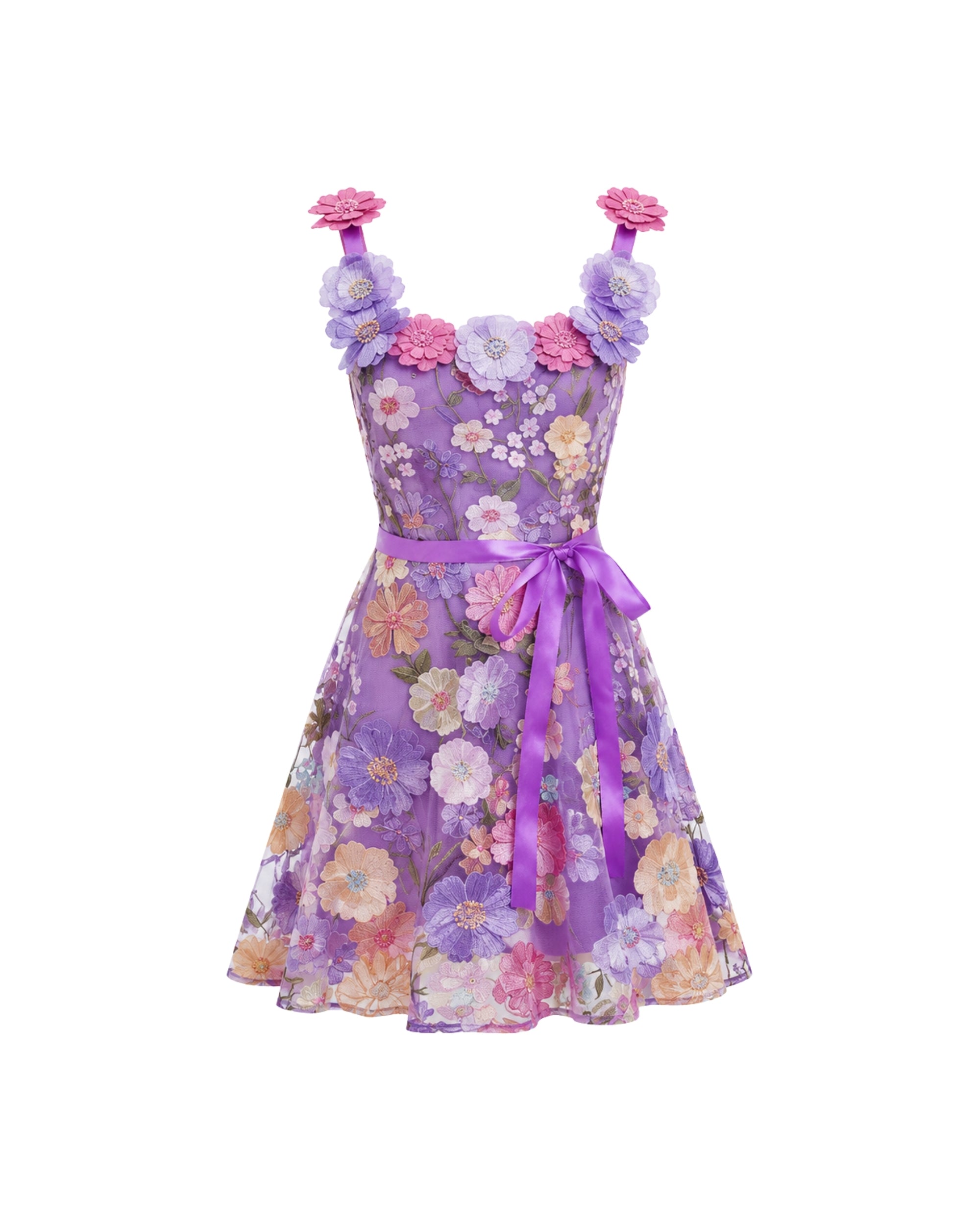 A purple sleeveless dress with a floral print, featuring 3D flower appliqués on the straps and bodice, and a matching purple ribbon tie at the waist, shown against a plain white background.