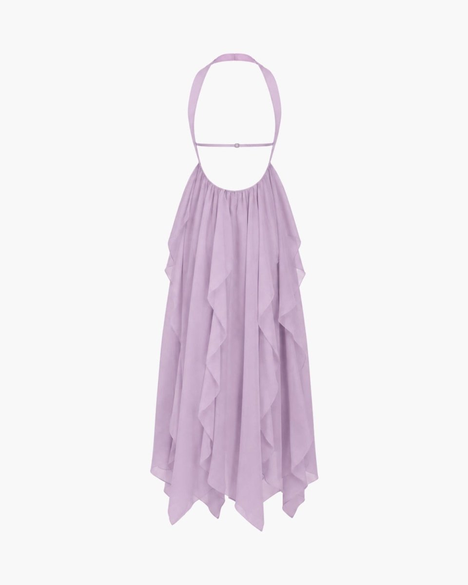 A light purple halter-neck dress with a layered, ruffled tiered skirt, shown against a plain white background.
