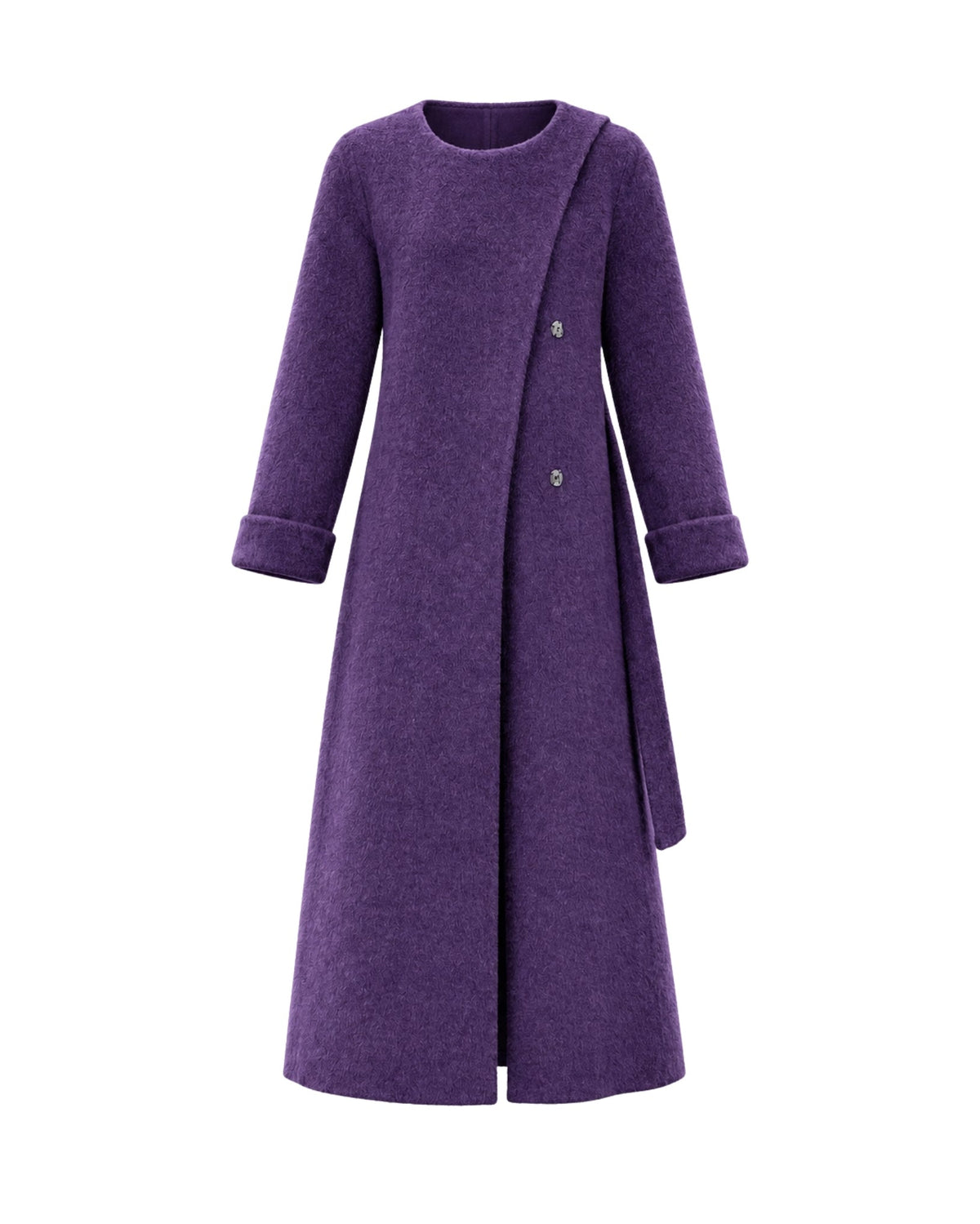A long-sleeved, knee-length purple wrap coat with a round neckline and three-quarter buttons, shown on a plain white background.