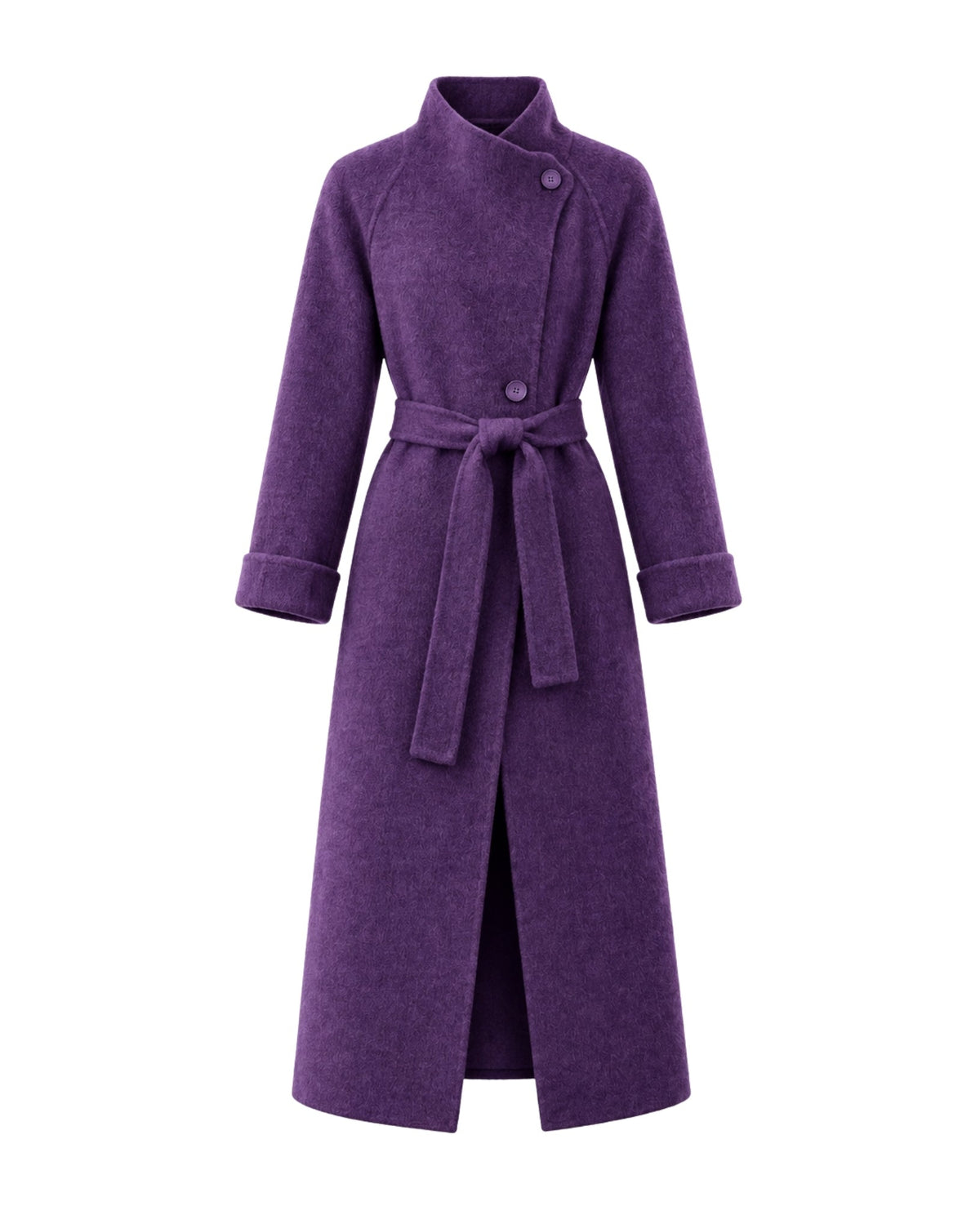 A long purple wool coat with a wrap-style collar, single front button, long sleeves, and a matching waist tie belt, shown on a plain white background.