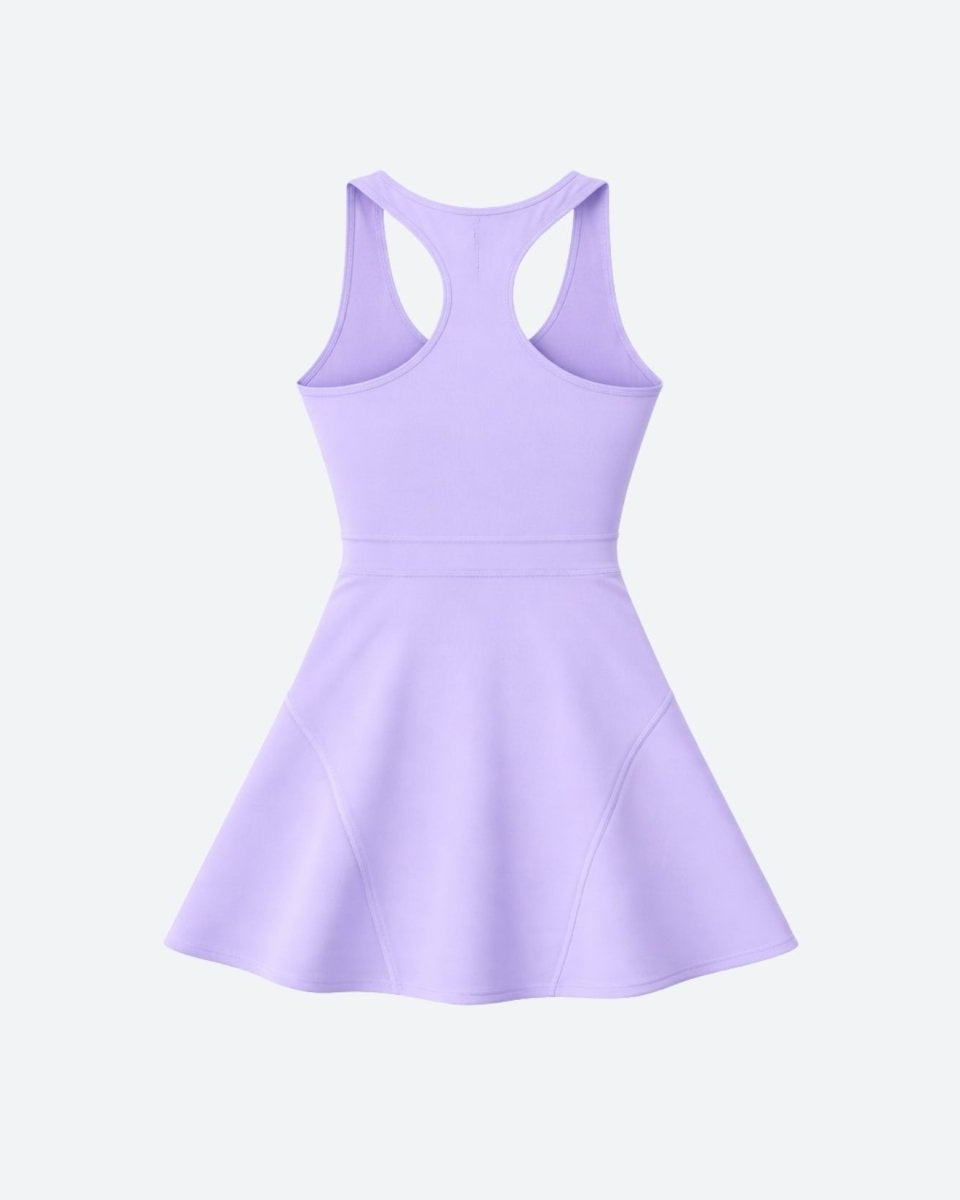 Flat lay studio shot of lilac tennis dress back showing racerback cutout and activewear flared mini skirt.
