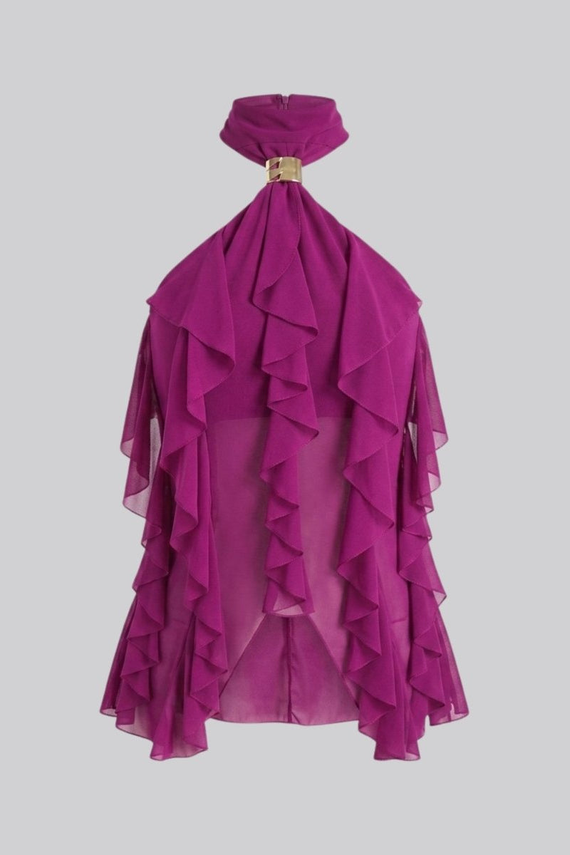 Product front view shot of magenta ruffle halter top with sheer overlay on a light grey background.