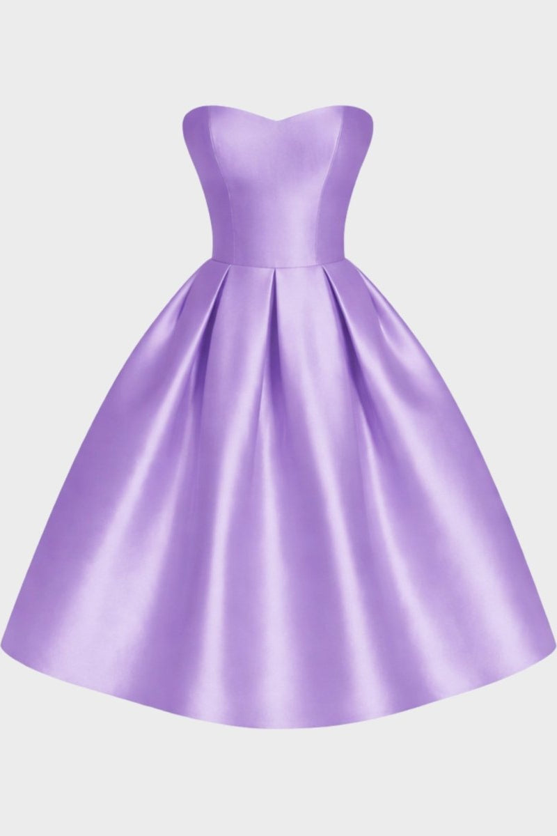 Ghost mannequin front view of the purple satin strapless sweetheart neckline midi dress.