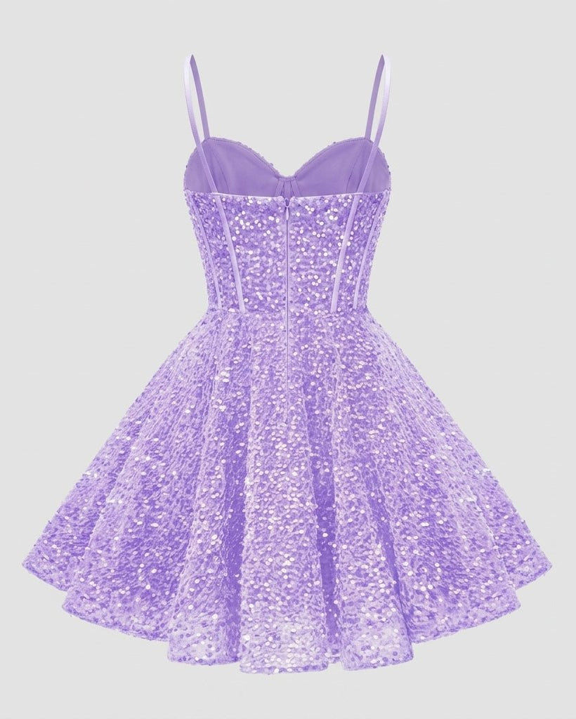 Ghost mannequin back view of the short purple sequin dress showing the flared A-line skirt silhouette and delicate straps.