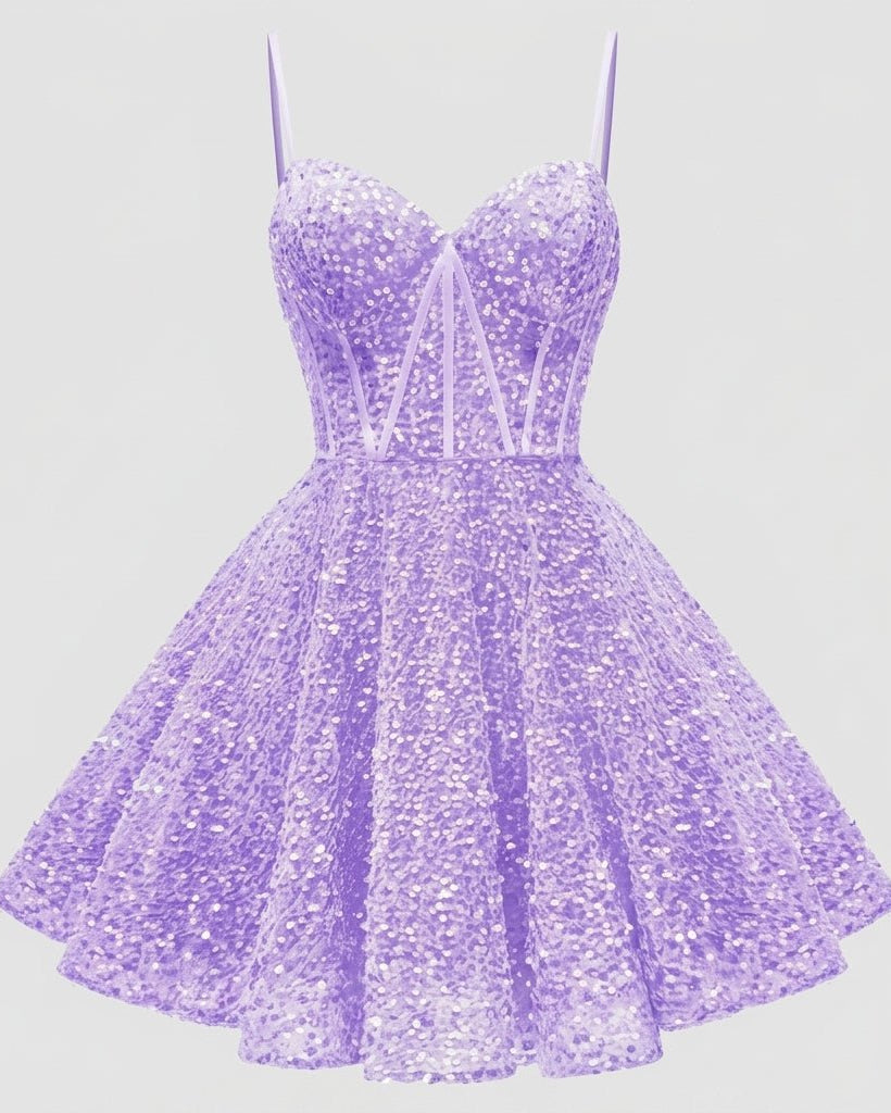 Ghost mannequin front view of the purple sequin mini cocktail dress highlighting the sweetheart neckline and corset boning details.