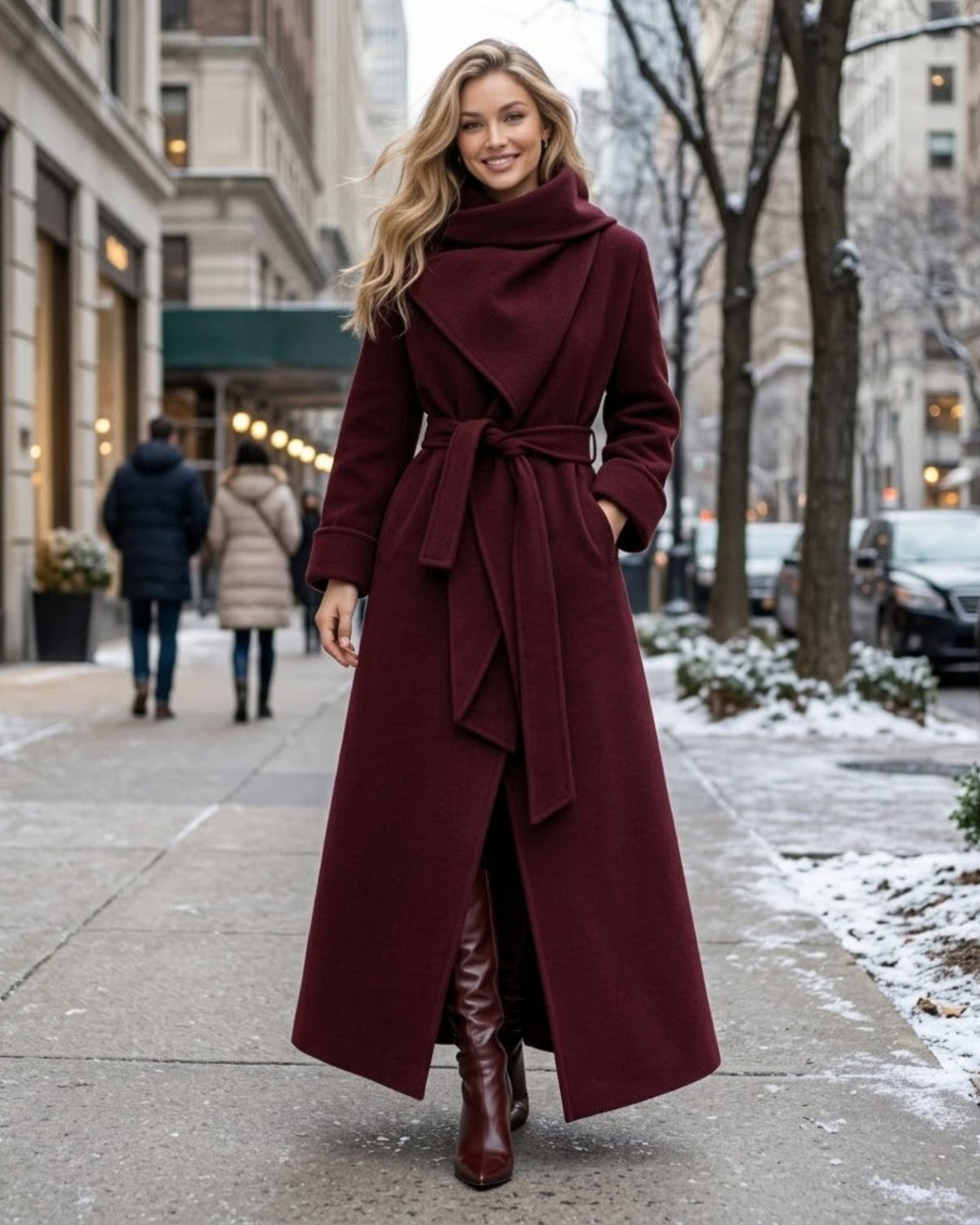 A woman stands on a city sidewalk wearing a long burgundy wrap coat with a high wrapped collar, belt tie, and front slit, paired with matching burgundy knee-high boots. Bare trees, buildings, and a few pedestrians are visible in the background.