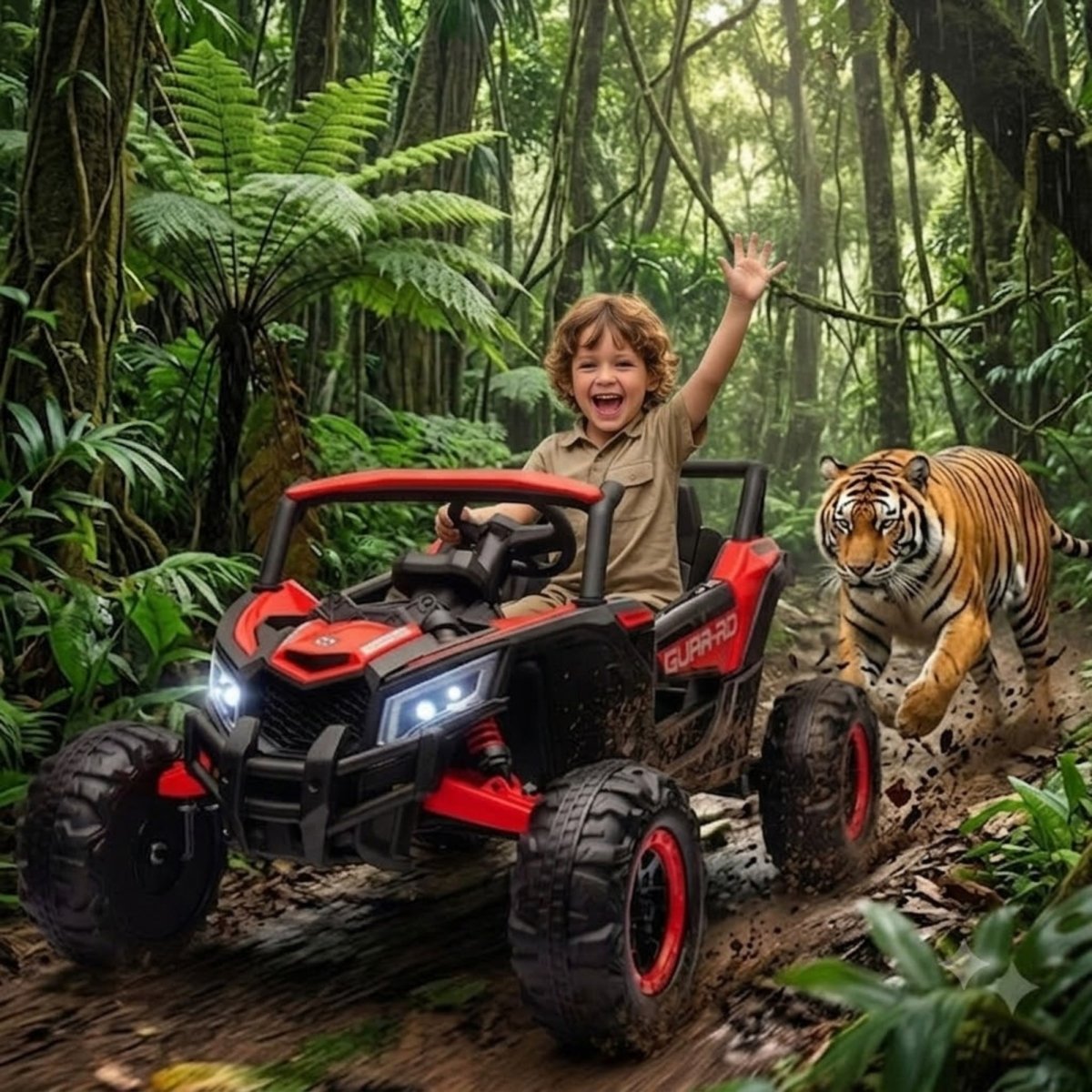 A happy boy and girl driving a muddy red 24V ride-on truck through a swampy jungle track with a hippopotamus in the background.