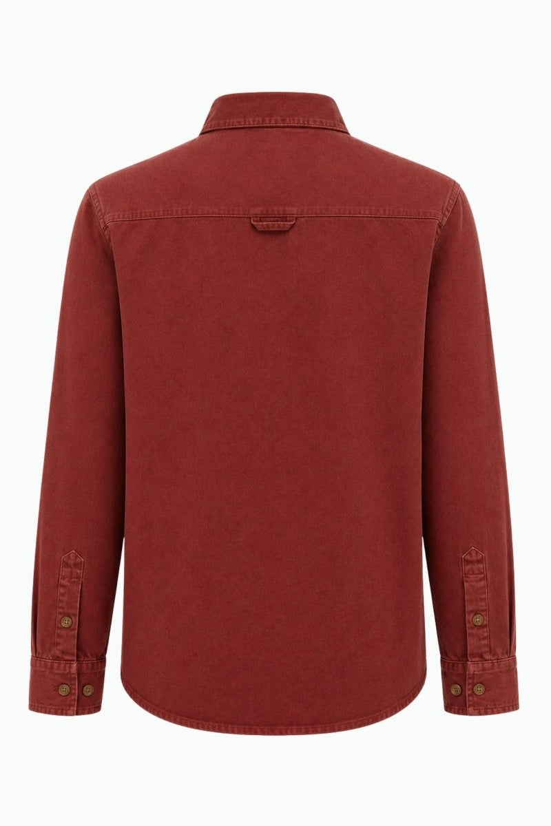 Flatlay back view of the Fenlo Form red button down blouse showing the structured back yoke and curved hem.
