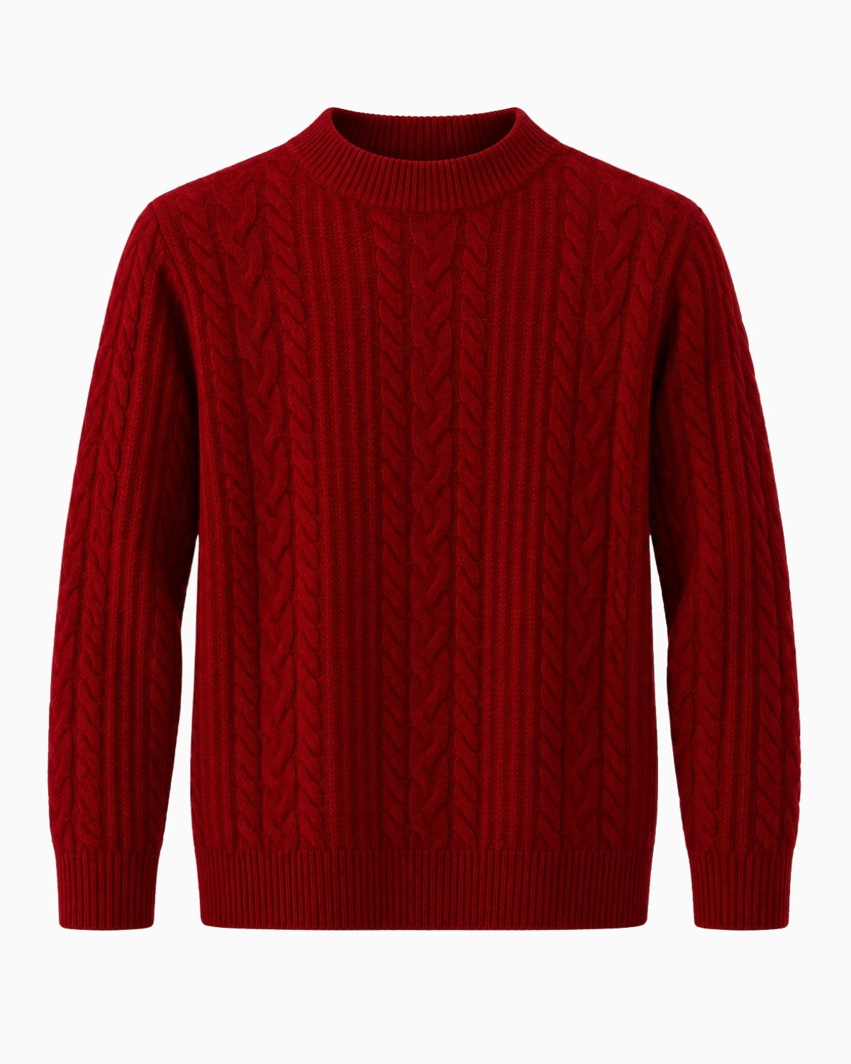 A red cable-knit crewneck sweater displayed against a solid white background.