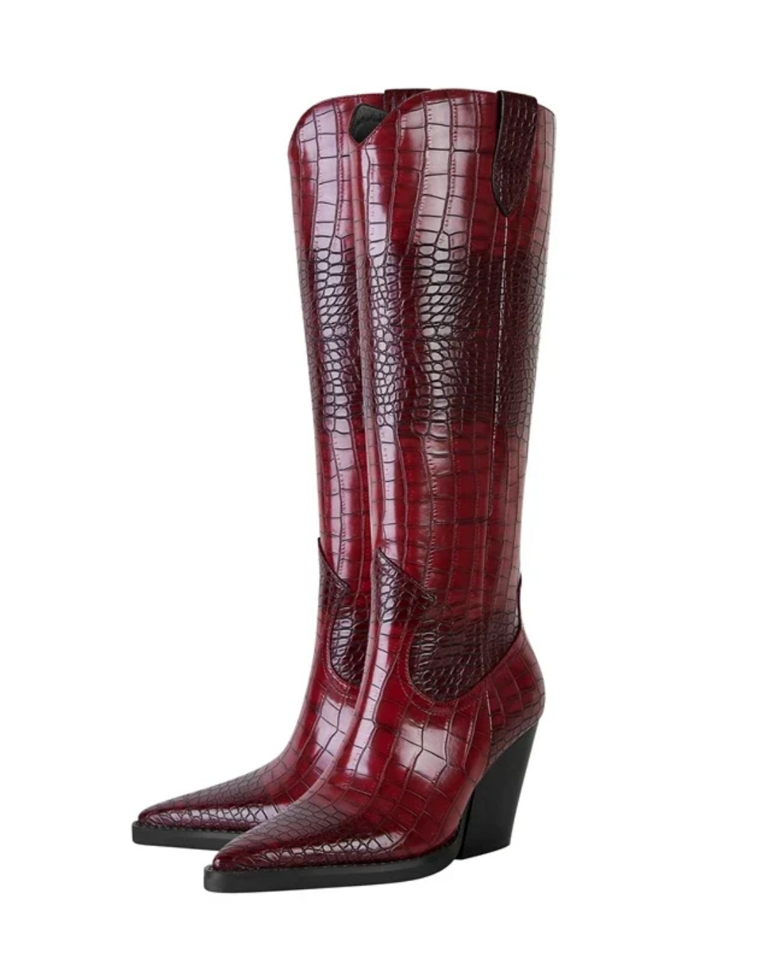 A pair of knee-high western boots with a glossy crocodile-embossed texture, featuring a deep burgundy red color and black heels, shown against a plain white background.