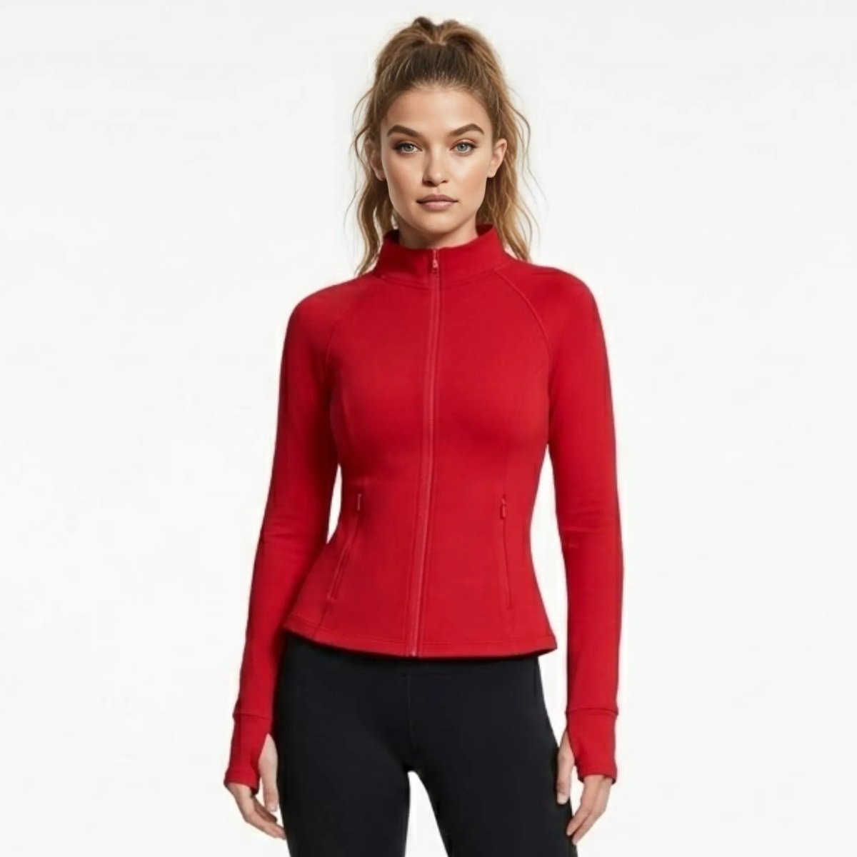 Women's red fitted zip-up athletic jacket front view on model wearing black leggings
