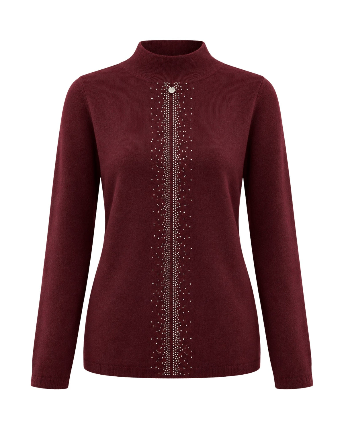 A long-sleeve mock neck sweater in burgundy with a vertical line of silver rhinestones down the center front, shown on a plain white background.