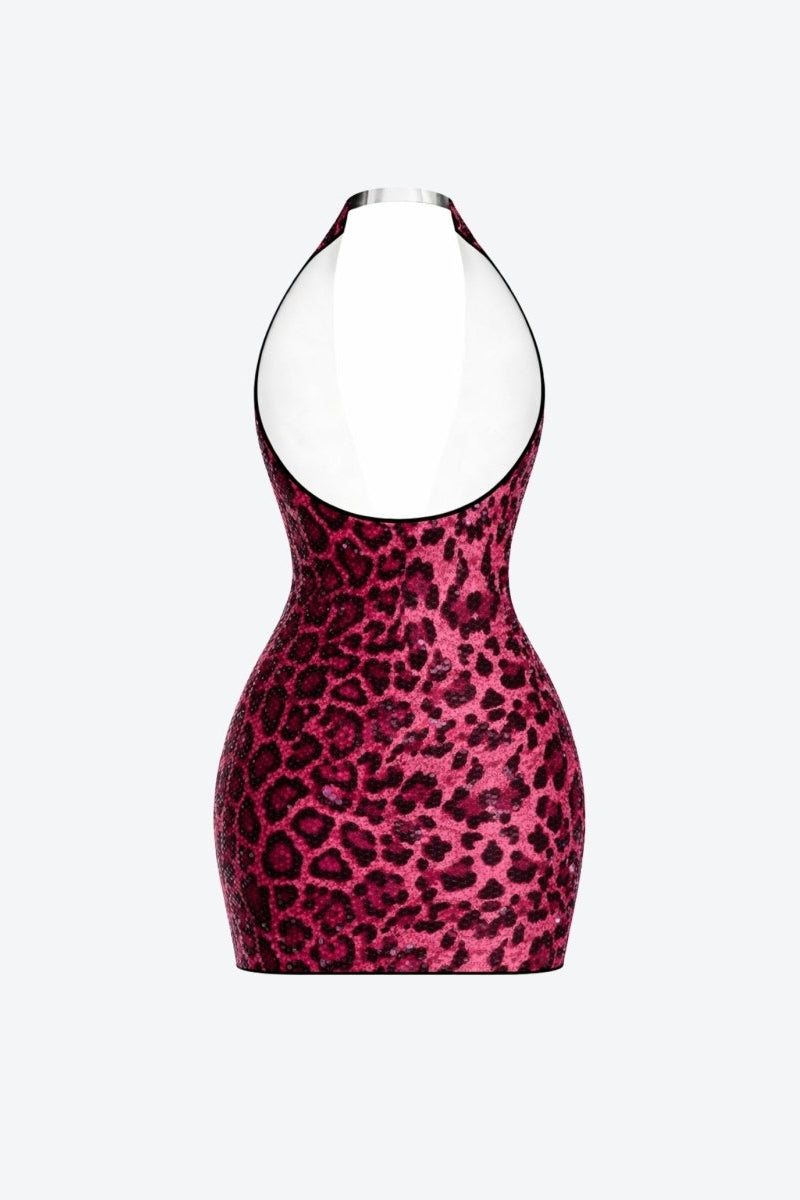 Flat lay back view of the Fenlo Form red sequin halter dress highlighting the deep scoop backless cut.
