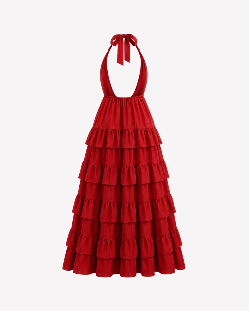 A red halter-neck maxi dress with a tiered ruffle skirt, shown on a light gray background.