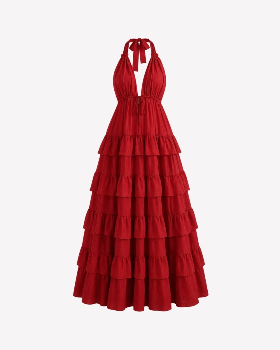 A red halter-neck maxi dress with a tiered ruffled skirt, shown on a plain light gray background.