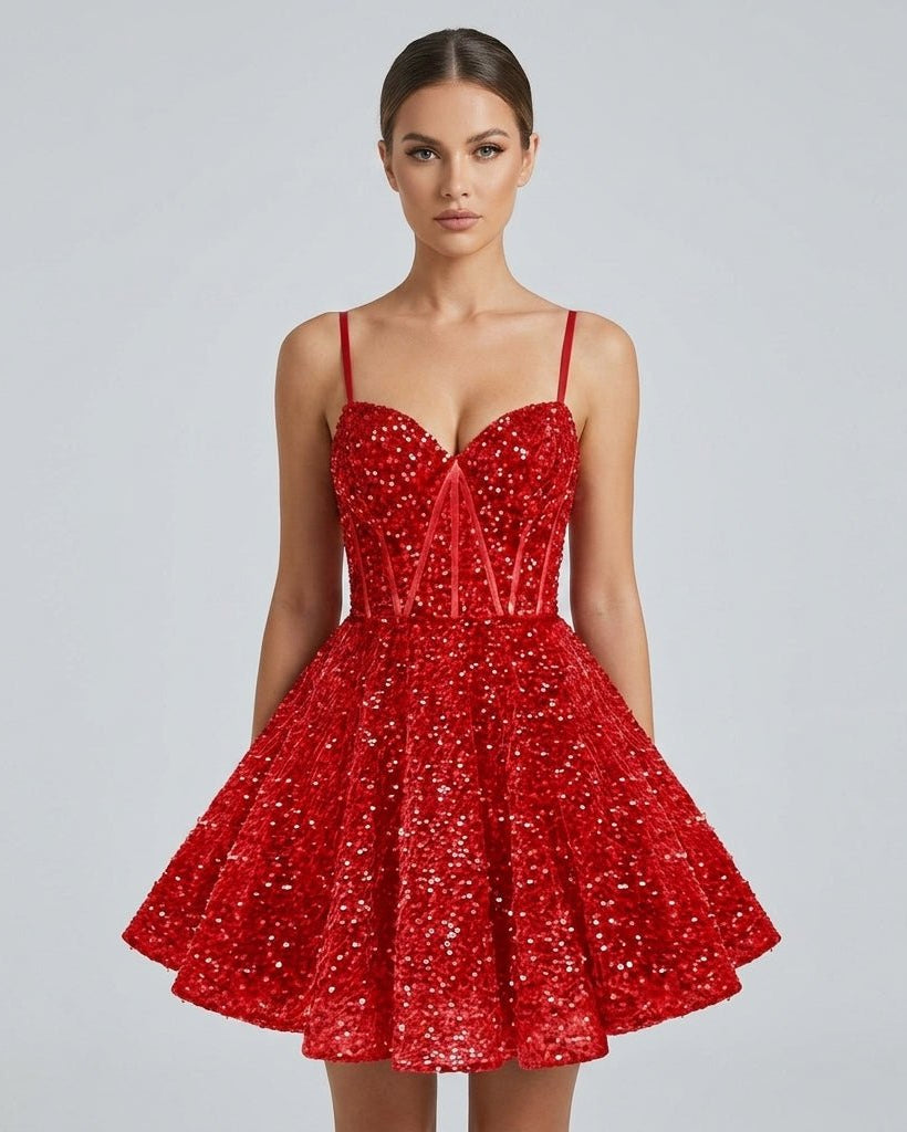 Close up of the structured corset bodice and sweetheart neckline on the red sequin party dress.