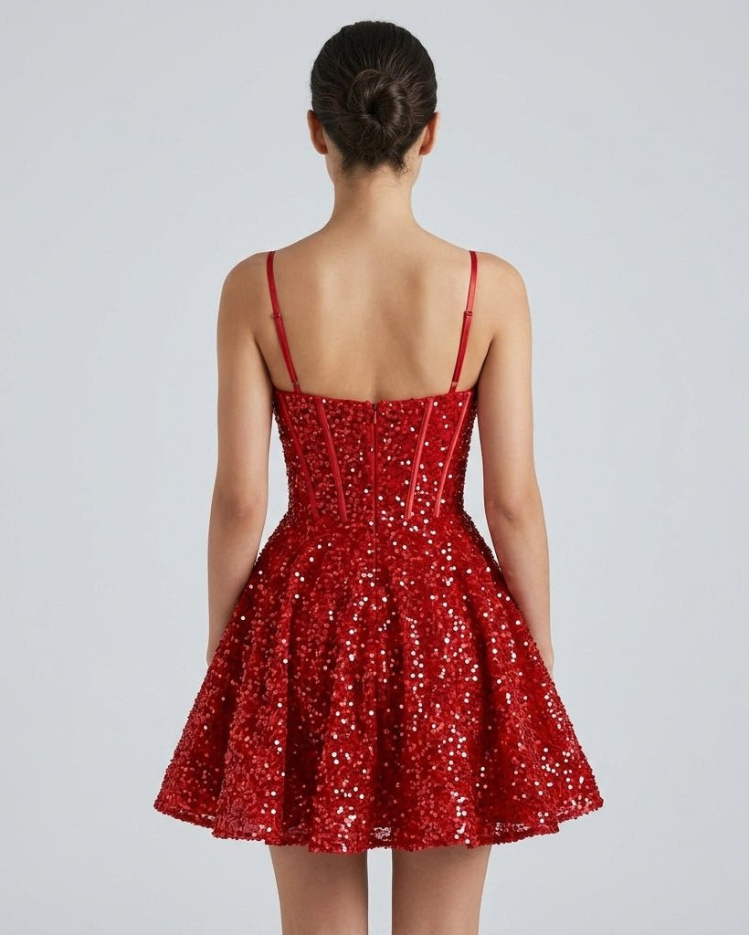 Back view of the red sequin mini dress showing adjustable straps and concealed back zipper.