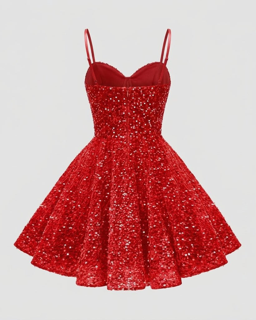 Flat lay back view of the red sequin short dress showing back bodice details.