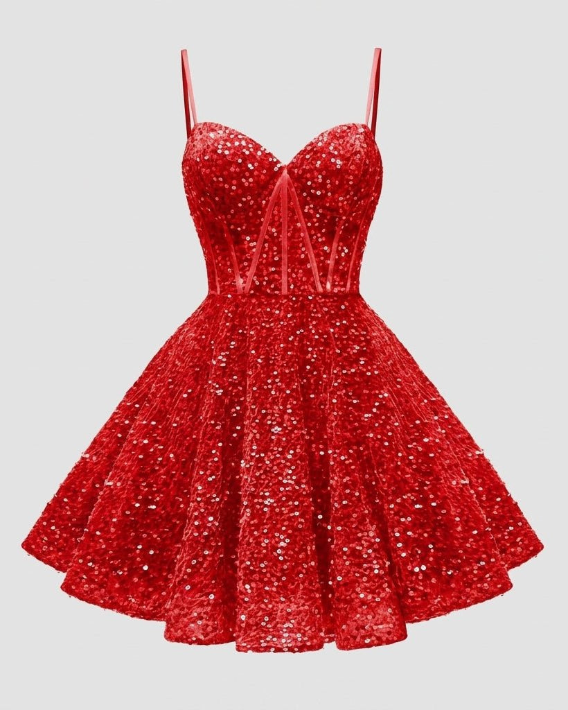 Flat lay front view of the red sparkly fit and flare mini dress.
