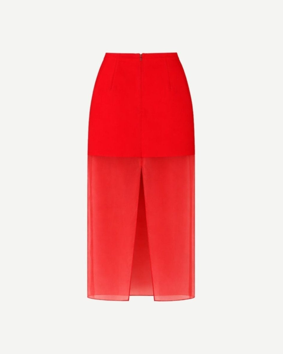 Back view of isolated red sheer overlay maxi skirt showing zipper and slit detail.