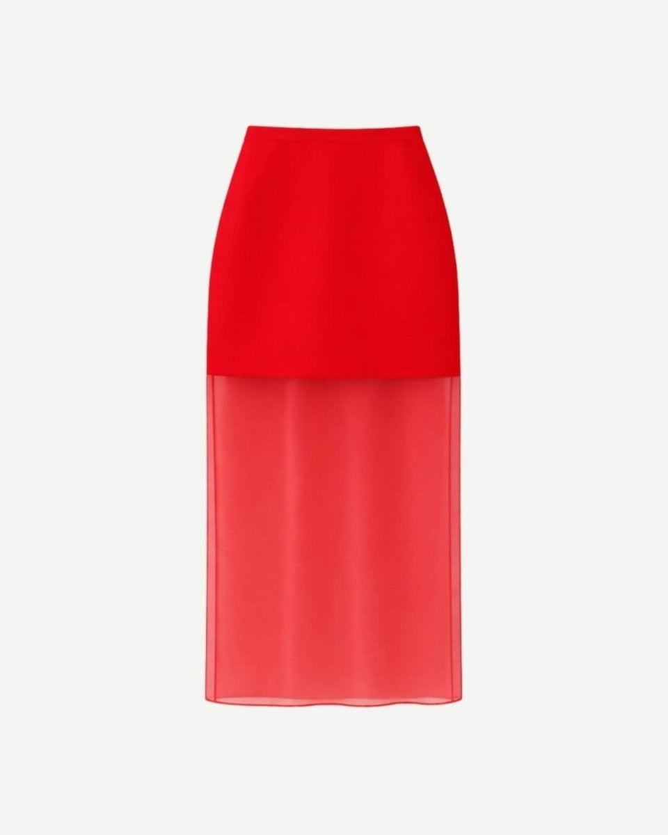 Front view of isolated red sheer overlay maxi skirt garment.