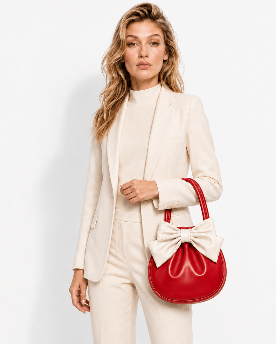 A woman wearing a cream-colored blazer and matching trousers holds a red leather handbag with a large bow detail against a plain white studio background.