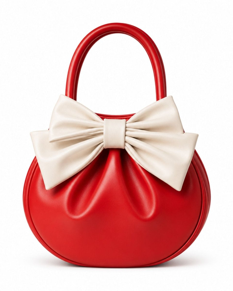 A red leather handbag with a large cream bow on the front, a top handle, and a smooth rounded silhouette, photographed on a clean white background.