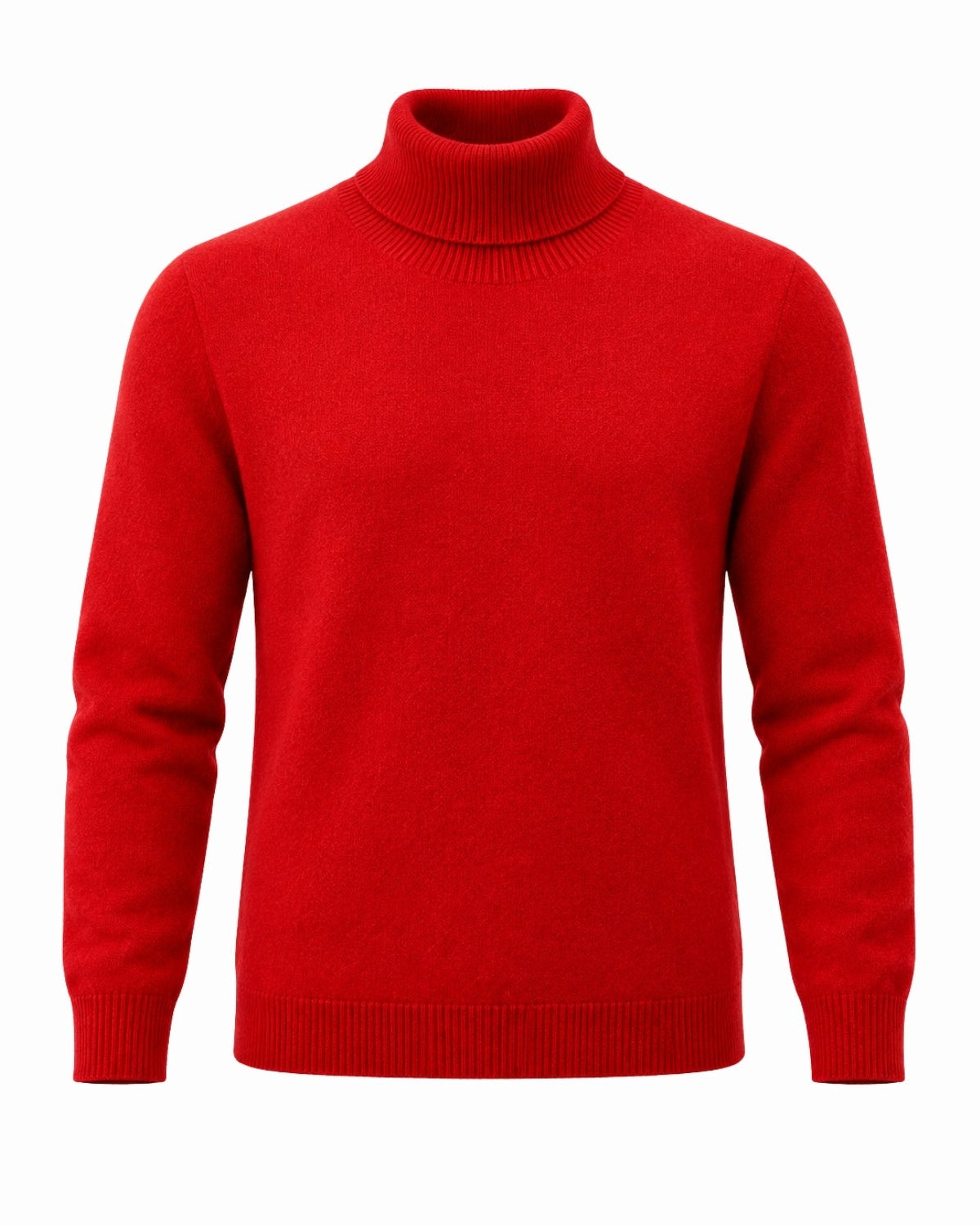 A bright red knit turtleneck sweater with long sleeves and ribbed collar, cuffs, and hem, shown on a plain white background.