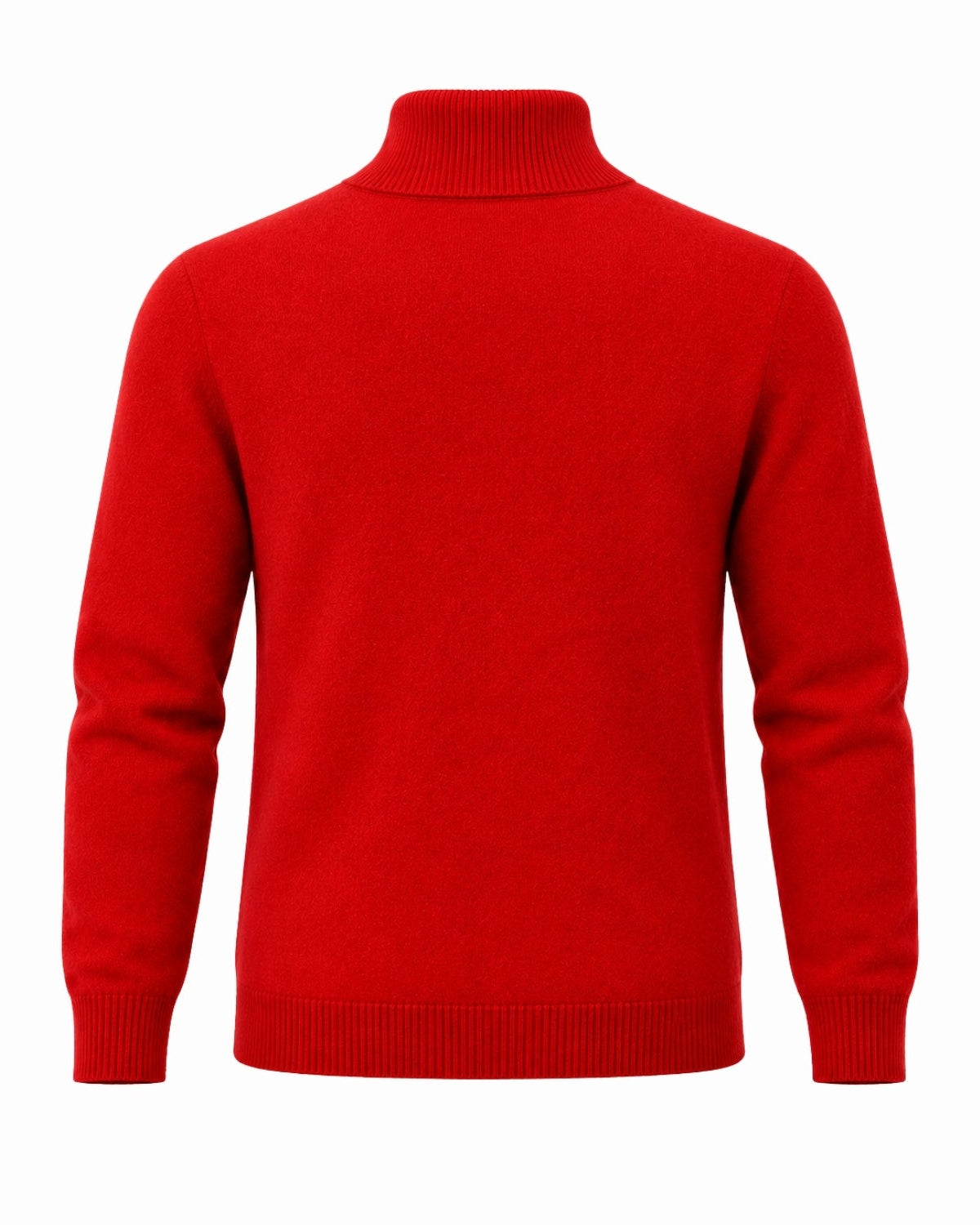 A bright red knit turtleneck sweater shown from the back, featuring long sleeves with ribbed cuffs and a ribbed hem, displayed on a solid white background.