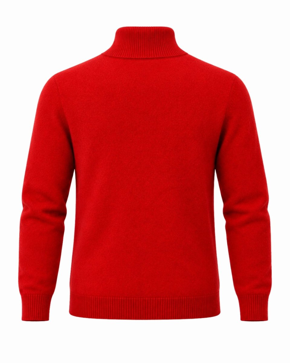 A bright red knit turtleneck sweater shown from the back, featuring long sleeves with ribbed cuffs and a ribbed hem, displayed on a solid white background.