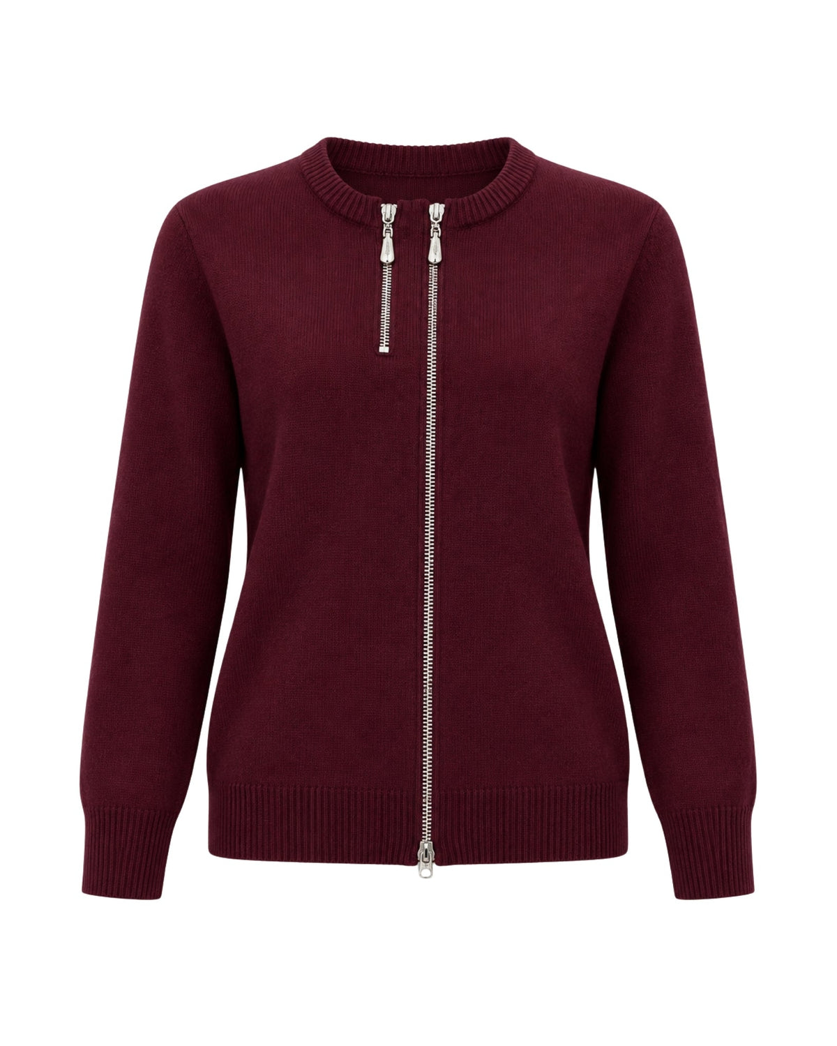 A women's long-sleeve knit sweater in burgundy with a silver-tone front zipper and matching zipper pulls, shown on a plain white background.