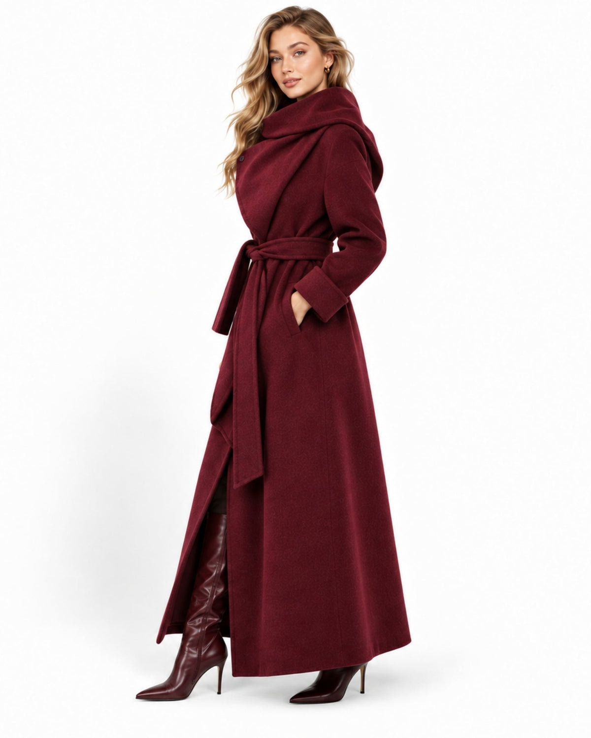 A woman models a long, dark burgundy wrap coat with a high draped collar, matching waist tie, and a front slit, paired with dark brown knee-high boots against a plain white background.
