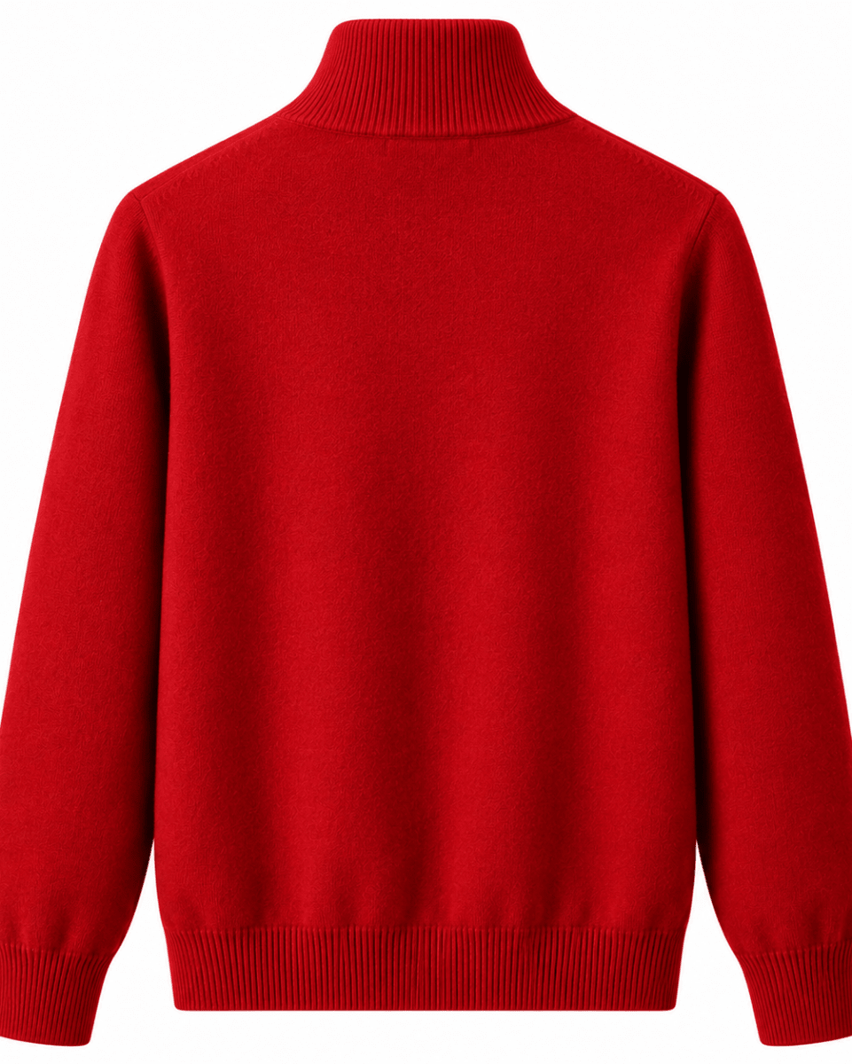 A bright red knit turtleneck sweater shown from the back, featuring ribbed collar, cuffs, and hem, on a plain white background.