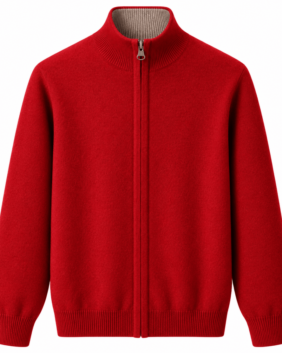 A bright red knit zip-up sweater with a mock neck, ribbed cuffs, and a ribbed hem, shown against a plain white background.