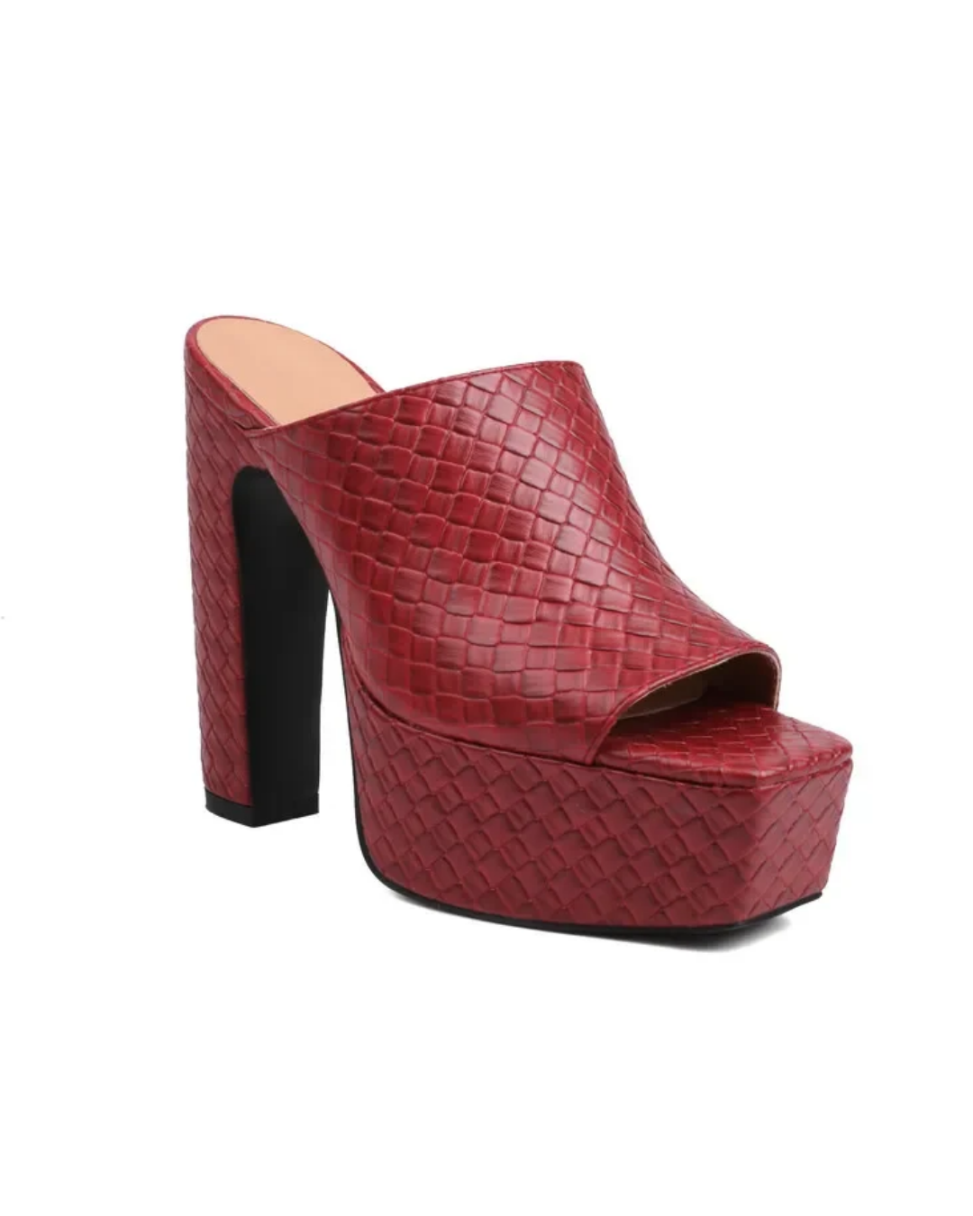 A single red platform mule sandal with a textured crocodile-embossed pattern, a high block heel, and an open toe, shown against a plain white background.