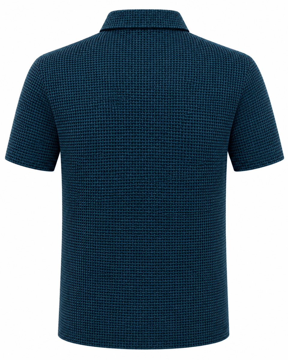 Blue textured polo shirt on a white background