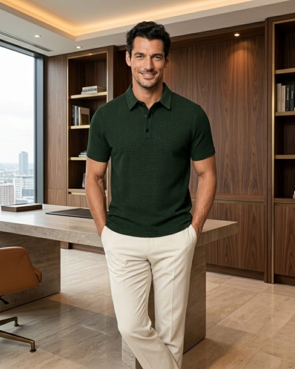 A man wearing a dark green textured short-sleeve polo shirt and off-white trousers, standing in a modern office with wood paneling and a desk.