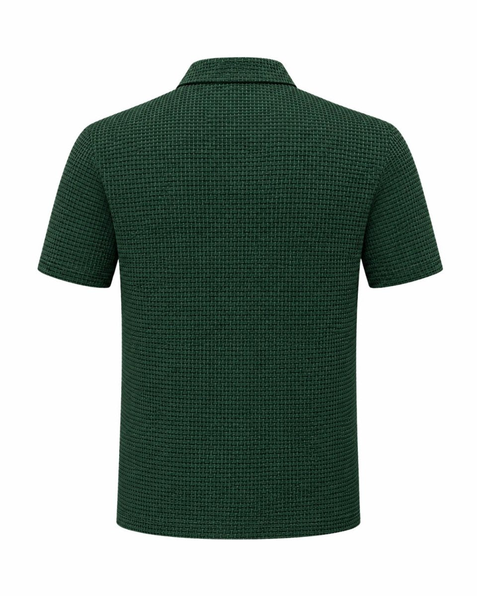 A dark green short-sleeve polo shirt with a textured waffle knit pattern, shown from the back on a plain white background.