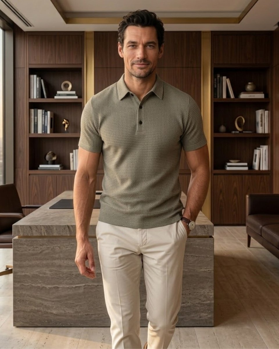 A man wearing a textured sage green short-sleeve polo shirt and light beige trousers, standing in a modern office environment with wooden bookshelves and a marble desk.