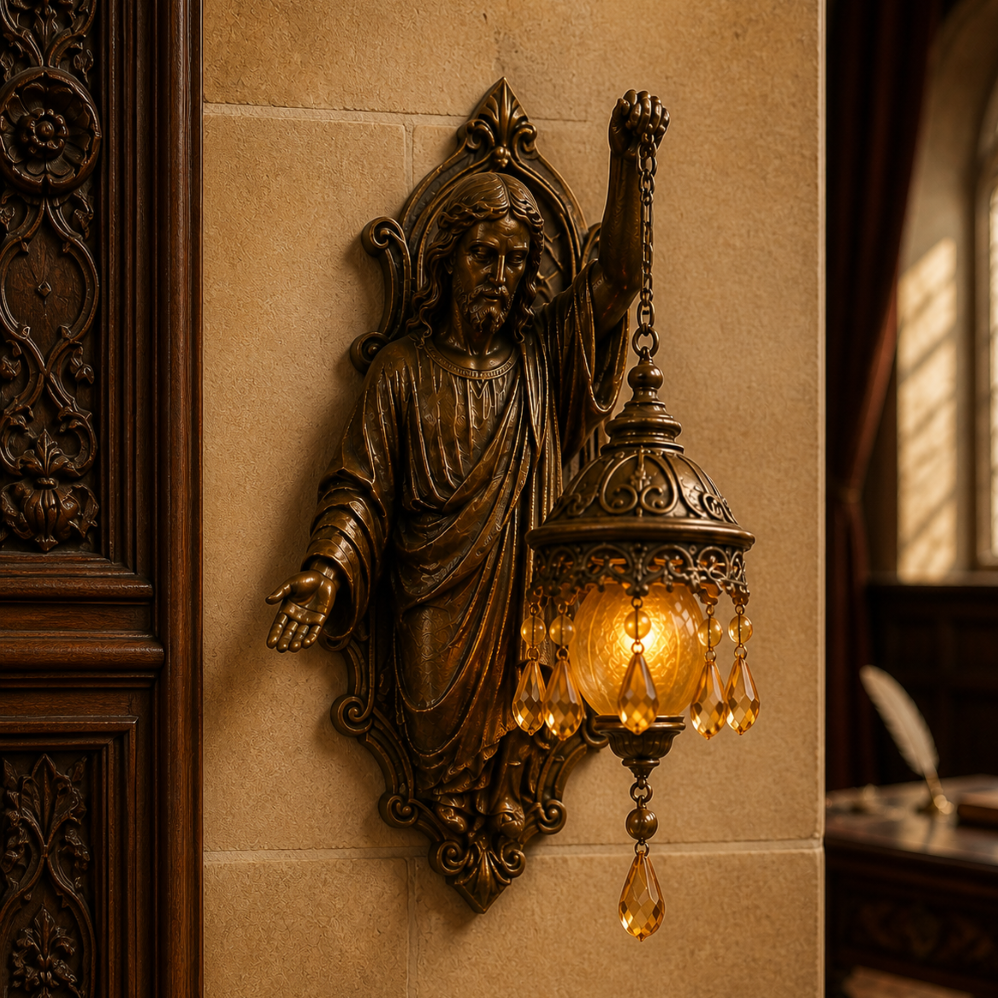 Antique-style bronze Jesus Christ wall lamp illuminating a traditional interior with a hanging amber glass lantern.