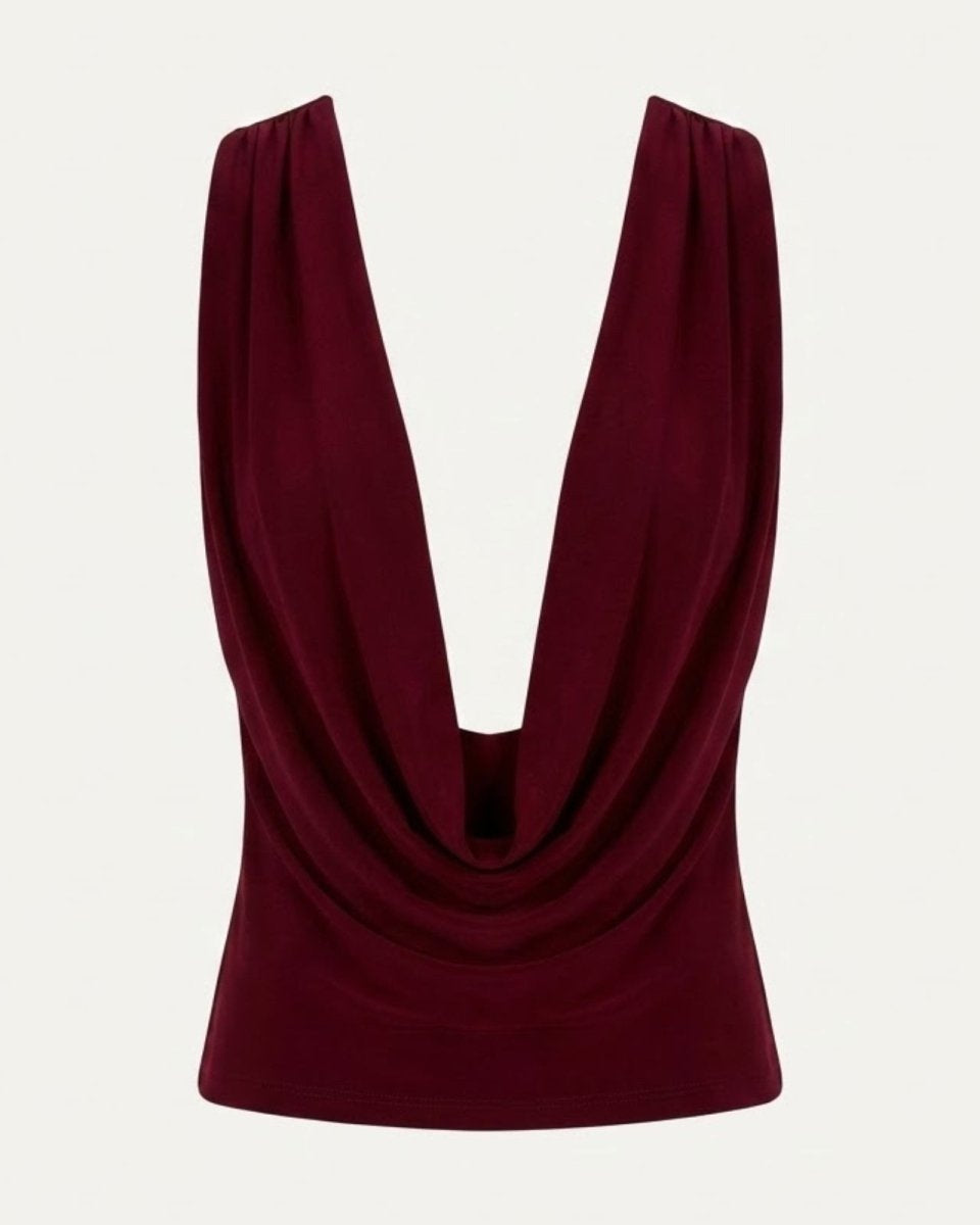 Flat lay product shot of the front of the Rhea top in burgundy, showing the deep cowl neck detail.
